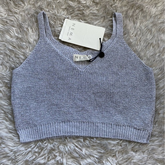 NWT Nema Greece Resort Wear Knit Metallic Silver Crop Top Vacation Summer tank - Picture 1 of 11